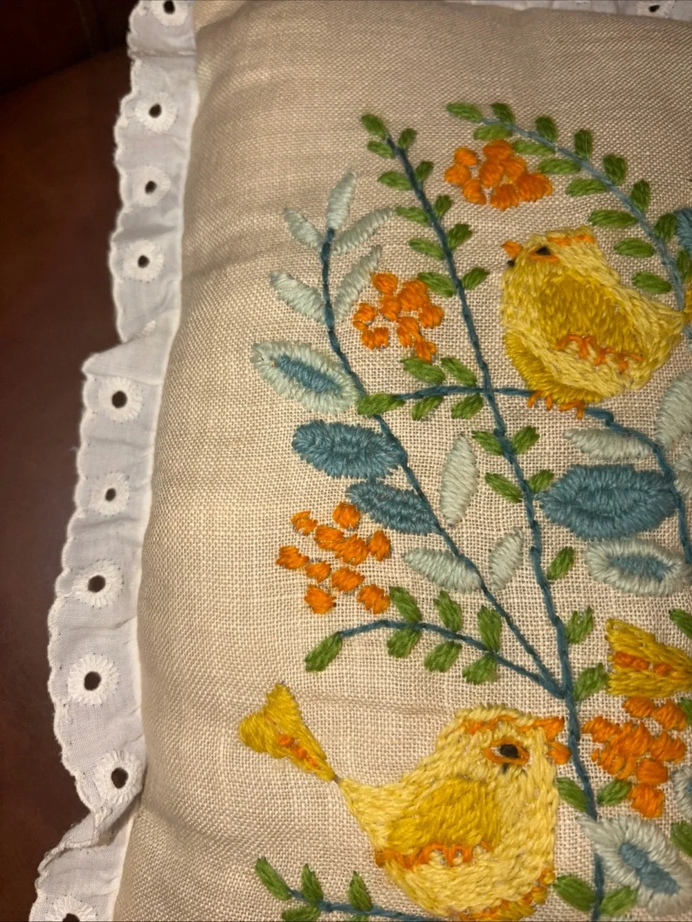 Vintage Hand Stitched Yellow Bird Floral Pillow  Handmade Throw Accent Granny